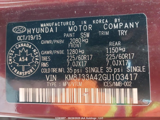 KM8J33A42GU103417 Hyundai 2016