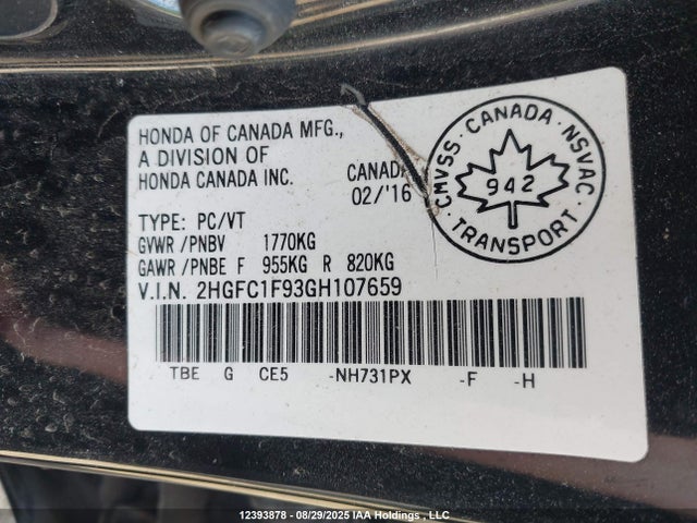 2HGFC1F93GH107659 Honda l15b7