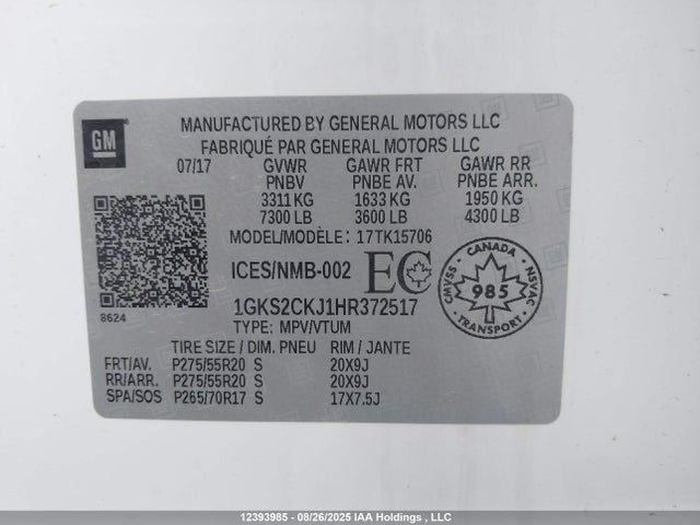1GKS2CKJ1HR372517 GMC l86 - sidi: spark ignited direct injection, vvt: variable valve timing, afm, e85max, alum
