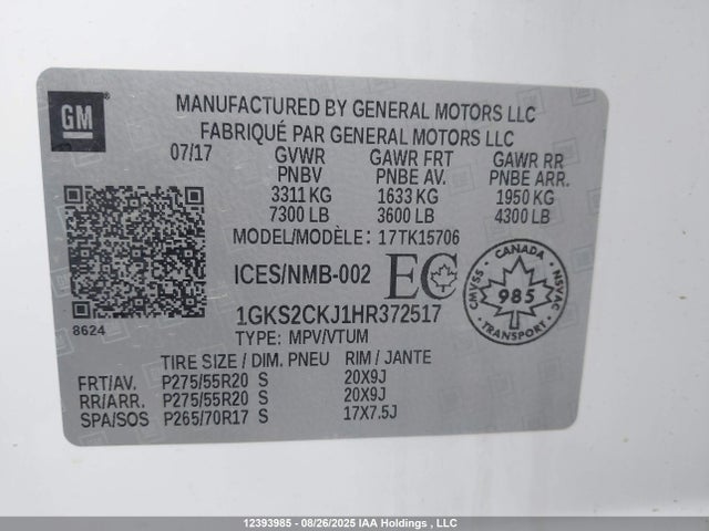 1GKS2CKJ1HR372517 GMC l86 - sidi: spark ignited direct injection, vvt: variable valve timing, afm, e85max, alum