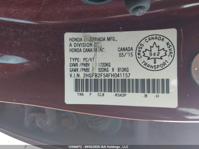 Honda r18z1 2015 2HGFB2F54FH041157 Image 9