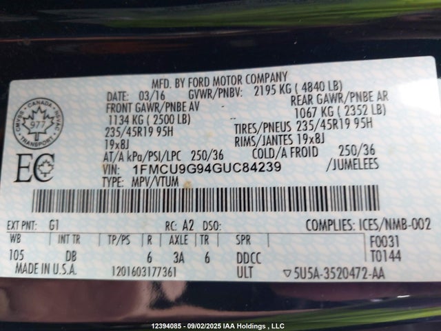 Ford Escape 2016 1FMCU9G94GUC84239 Image 9
