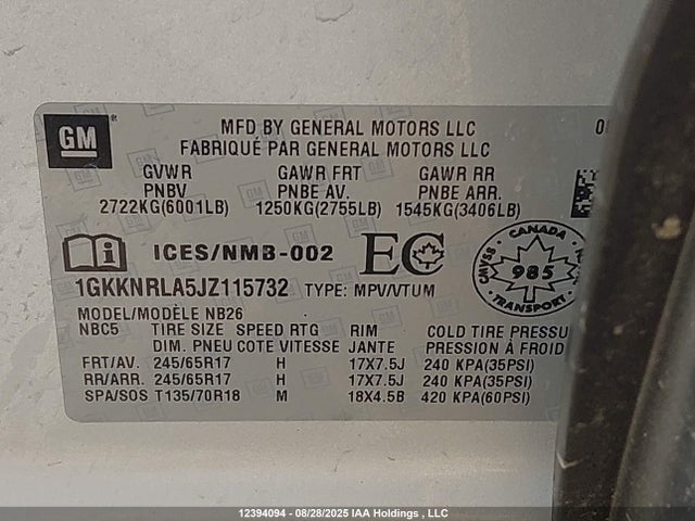 1GKKNRLA5JZ115732 GMC lcv - spark ignited direct injection, variable valve timing, dcvcp, e85 max, e0-e100, alum