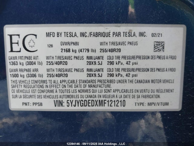 5YJYGDEDXMF121210 Tesla Model Y