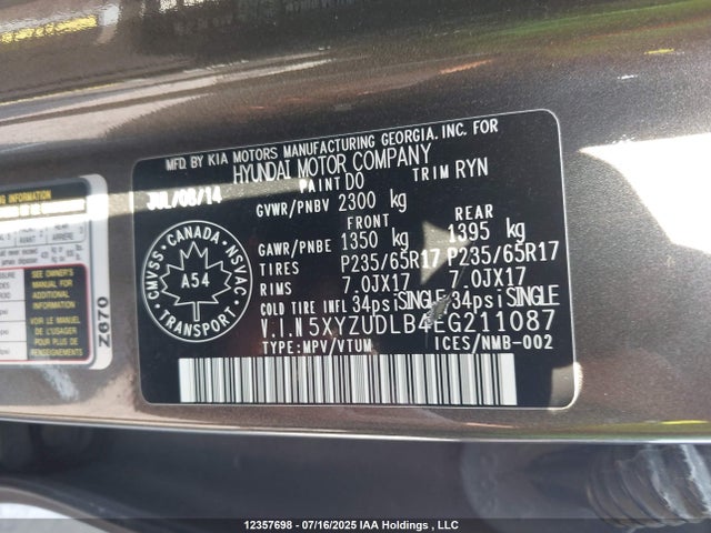 5XYZUDLB4EG211087 Hyundai gdi theta