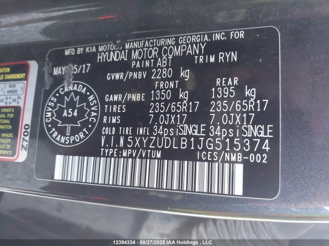 5XYZUDLB1JG515374 Hyundai gdi theta ii
