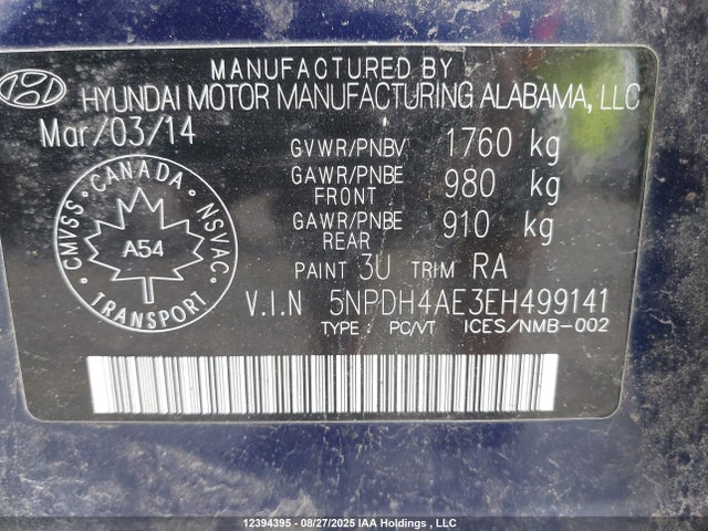 5NPDH4AE3EH499141 Hyundai dohc mpi nu