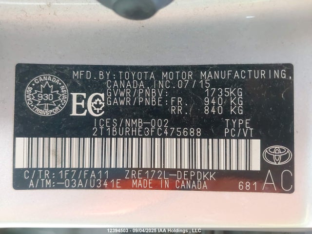 Toyota 2zr-fe 2015 2T1BURHE3FC475688 Image 9