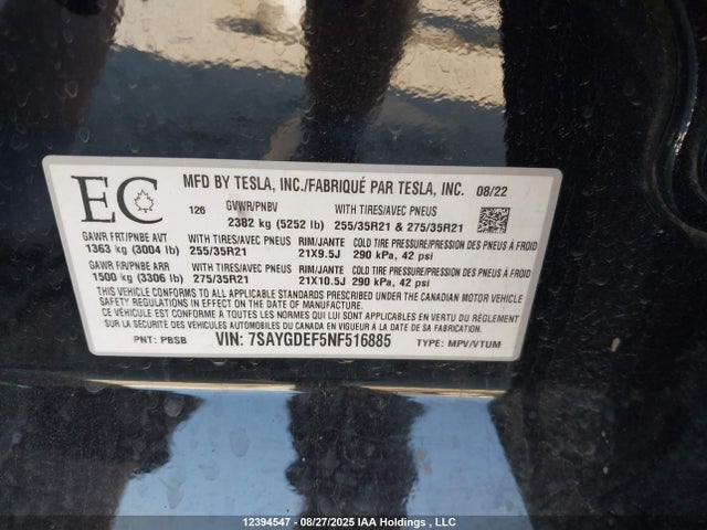 7SAYGDEF5NF516885 Tesla Model Y