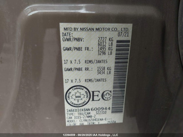 1N6ED1EK6NN600944 Nissan Frontier