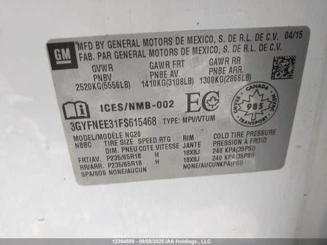 Cadillac lfx - sidi, vvt, e85 max, alum 2015 3GYFNEE31FS615468 Image 9