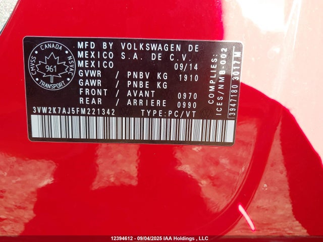 3VW2K7AJ5FM221342 Volkswagen 2015