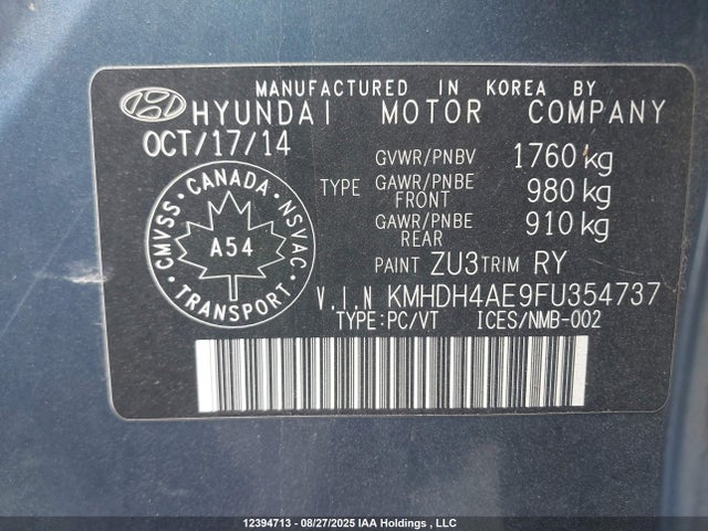 KMHDH4AE9FU354737 Hyundai dohc mpi nu