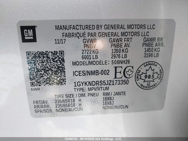 1GYKNDRS5JZ173350 Cadillac lgx - direct injection, variable valve timing, alum, gen 2