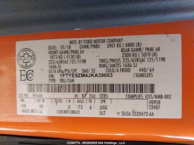1FTYE9ZM4JKA39663 Ford 2018