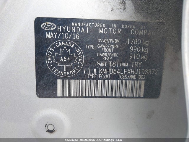 KMHD84LFXHU193372 Hyundai Elantra