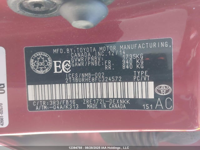2T1BURHE8FC324572 Toyota COROLLA LE