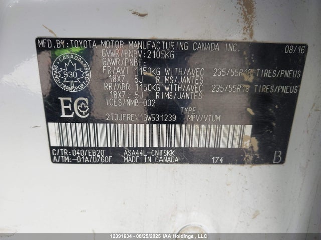 2T3JFREV1GW531239 Toyota 2ar-fe