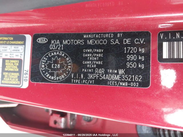 3KPF54AD6ME352162 KIA mpi nu