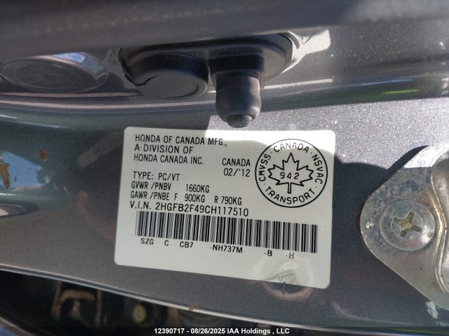 Продажа на аукционе авто 2012 Honda Civic Lx, vin: 2HGFB2F49CH117510, номер лота: 12390717