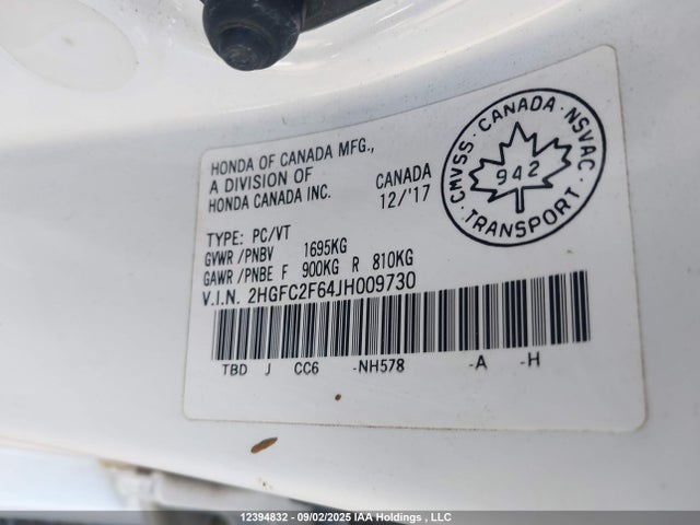 Honda k20c2 2018 2HGFC2F64JH009730 Image 9