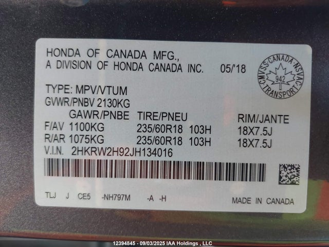 2HKRW2H92JH134016 Honda l15be