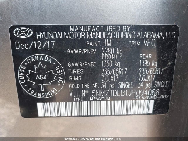 5NMZTDLB1JH094068 Hyundai gdi theta ii