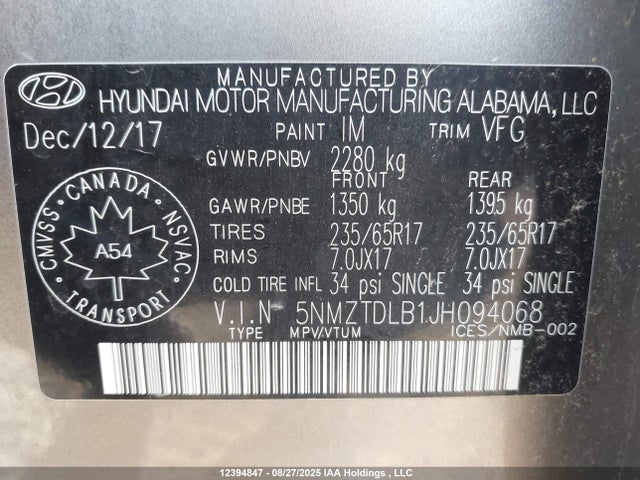 5NMZTDLB1JH094068 Hyundai gdi theta ii