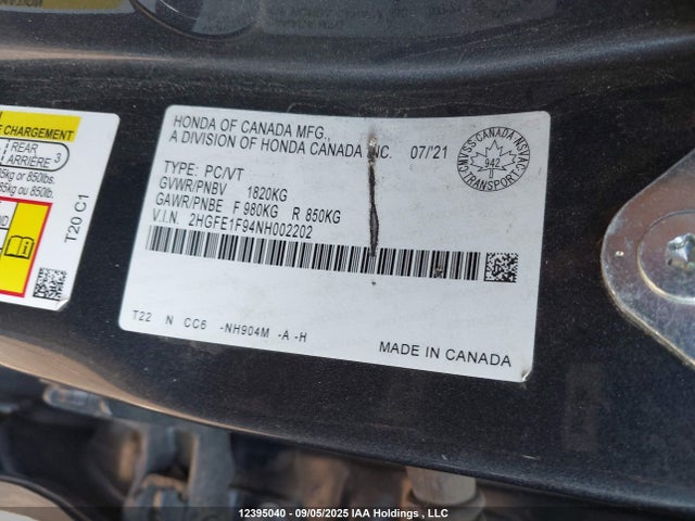 Honda l15b7 2022 2HGFE1F94NH002202 Image 9