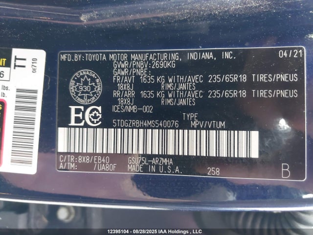 5TDGZRBH4MS540076 Toyota 2gr-fks