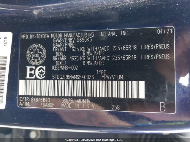 5TDGZRBH4MS540076 Toyota 2gr-fks