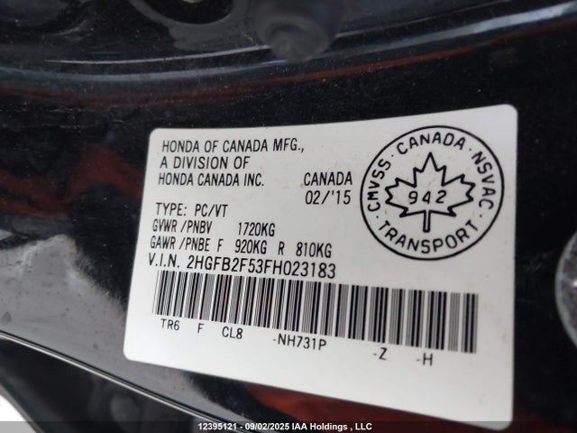 Honda r18z1 2015 2HGFB2F53FH023183 Image 9