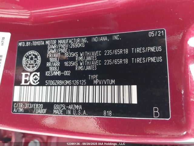 5TDGZRBH3MS126125 Toyota 2gr-fks