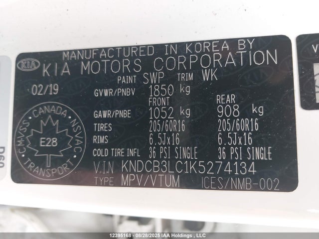 12395168 :رقم المزاد ، KNDCB3LC1K5274134 vin ، 2019 Kia Niro مزاد بيع