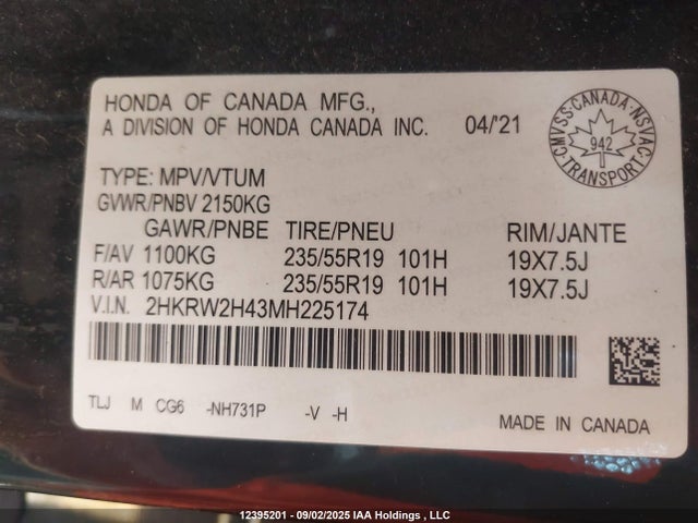 2HKRW2H43MH225174 Honda l15be