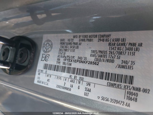 Ford 2.7l-4v 2022 1FTEX1EP5NKF28562 Image 9