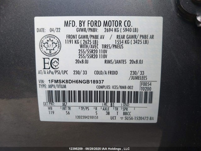Ford ecoboost 2022 1FMSK8DH6NGB18937 Image 9