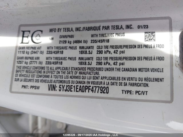 Tesla MODEL 3 2023 5YJ3E1EA0PF477920 Image 9