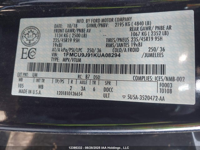 1FMCU9J91KUA08294 Ford 2019