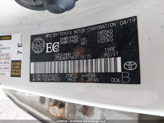 JTDKARFP9K3118175 Toyota 2zr-fxe+1nm