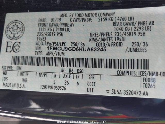 1FMCU9GD6KUA83245 Ford 1.5l gtdi sigma w/premium fuel