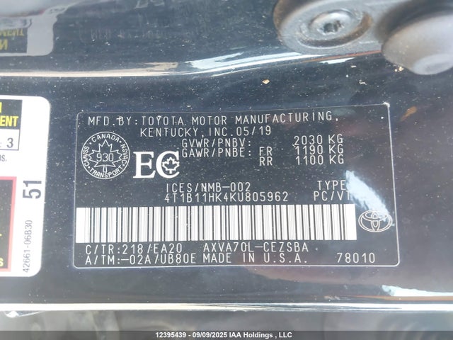 4T1B11HK4KU805962 Toyota a25a-fks