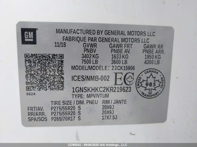 12395542 :رقم المزاد ، 1GNSKHKC2KR219623 vin ، 2019 Chevrolet Suburban K1500 Lt مزاد بيع