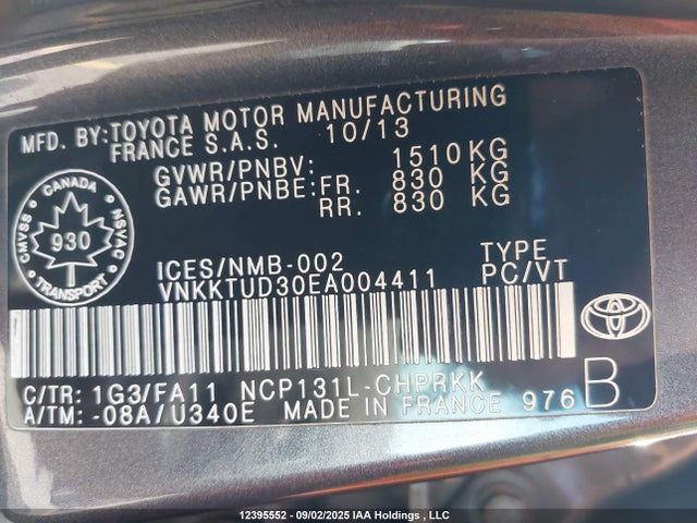 Toyota 1nz-fe 2014 VNKKTUD30EA004411 Image 9