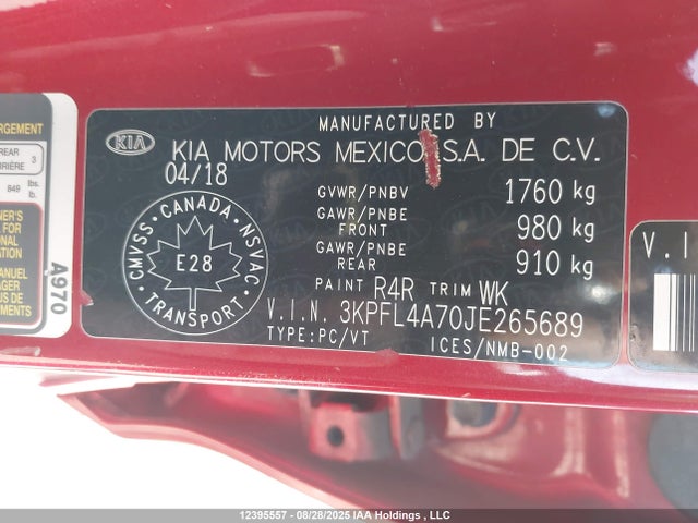 3KPFL4A70JE265689 KIA mpi nu