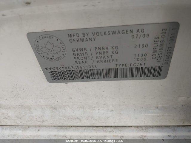 12395601 :رقم المزاد ، WVWGU9ANXAE511088 vin ، 2010 Volkswagen Passat Cc Highline V6 مزاد بيع