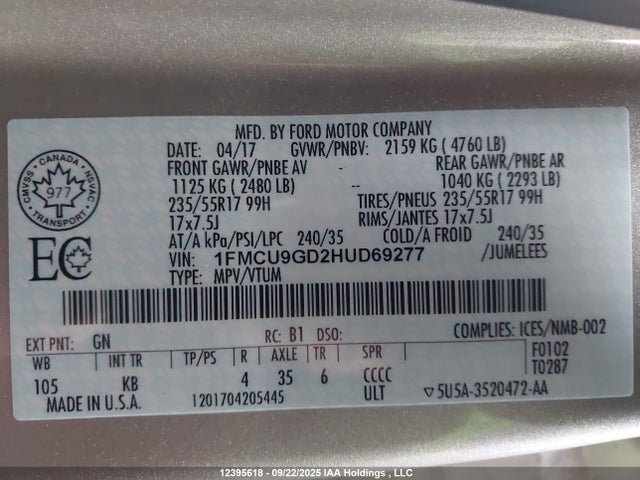 Aukcja sprzedaży 2017 Ford Escape, vin: 1FMCU9GD2HUD69277, numer aukcji: 12395618