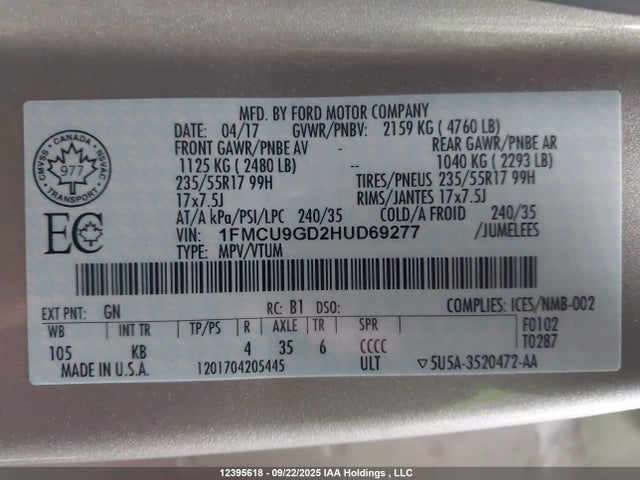 Aukcja sprzedaży 2017 Ford Escape, vin: 1FMCU9GD2HUD69277, numer aukcji: 12395618