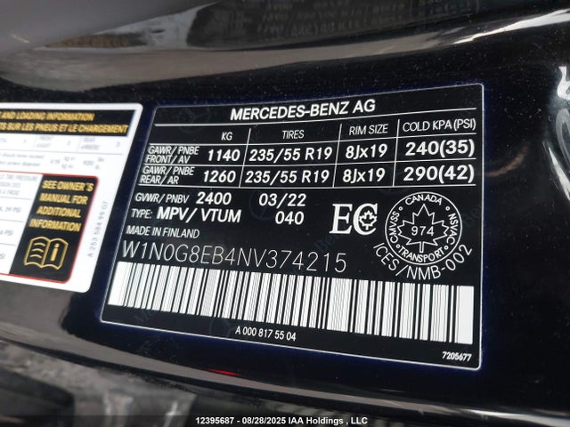 W1N0G8EB4NV374215 Mercedes-Benz m274