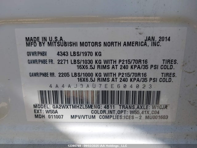 Mitsubishi dohc mivec 2014 4A4AJ3AU7EE604023 Image 9
